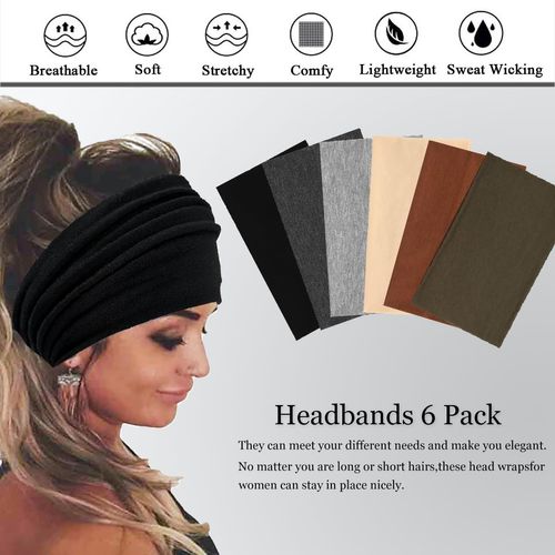 6 Pack Extra Wide Headbands For Women Stretch Headband Boho Head Bands Women's Hair Band Turban Workout Sports Hairband Accessories (Black, Brown, Army Green, khaki, Dark Gray, Light Gray, 6 Pack)