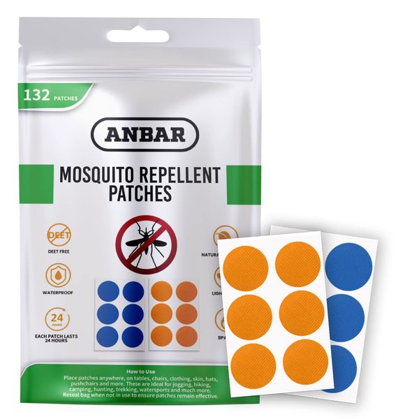 Anbar Mosquito Repellent Patches for Kids and Adults, 132 Patch Set, Small Waterproof Stickers to Repel Bugs and Insects, Deet Free Natural, 24-Hour Protection, Skin Safe