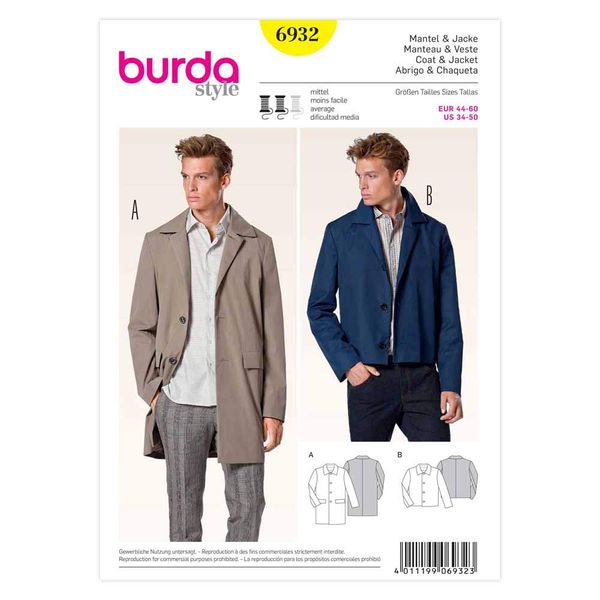 Burda Style Sewing Pattern B6932 Men's Coat and Jacket
