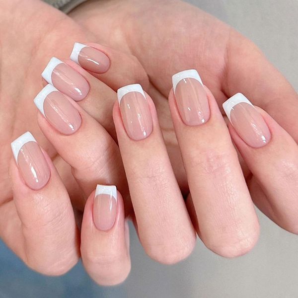 Handcess Square False Nails Medium French Press on Nails Pink White Fake Nails Stick on Nail for Women and Girls(24 Pcs）