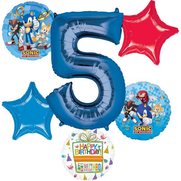 Anagram Sonic 5th Birthday Party Supplies Video Gamers Hedgehog Foil Balloon Bouquet Decorations 6pc