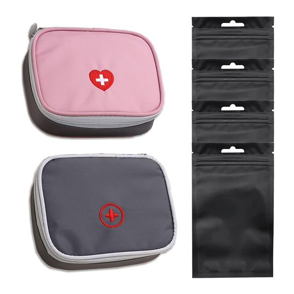 Travel First Aid Kit, 2pcs Portable Mini First Aid Bag Empty First Aid Pouch for Travel Hiking Camping (Mini Size 13x10x4cm), with 4pcs Resealable Storage Bags