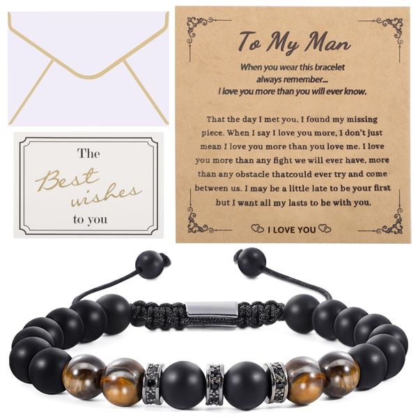 Yafe Mens Bracelet，To My Man Bracelets for Him Tigers Eye Agate Stone Men Bracelets Beads Rope Anniversary Birthday Graduation Father's Day Gifts for Men Husband Son Dad Grandpa Boyfriend(Style A)