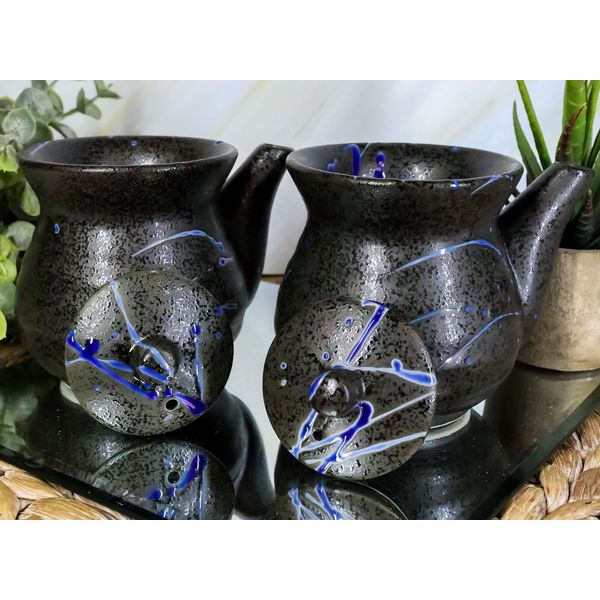 Pack of 2 Speckled Black Blue Japanese Tenmoku Porcelain Soy Sauce Dispensers