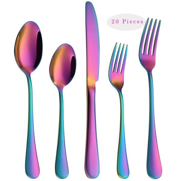 VANDBAO Rainbow Flatware Cutlery Silverware Set 20 Pieces, Stainless Steel Colorful Utensils, Tableware Set Service for 4, Include Knife/Fork/Spoon, Reusable, Mirror Polished, Dishwasher Safe