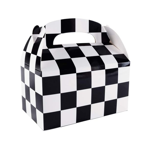 Super Z Outlet 12 Pack Black and White Checker Racing Flag Pennant Treat Gift Paper Cardboard Boxes with Handles for Candy Goodie Bags, Picnic Snacks, Birthday Party Favors (6.25" x 3 1/2" x 3.25")