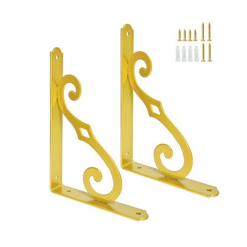 Z METNAL Decorative Shelf Brackets, Brass Metal Shelves Bracket, Gold Metal Wall Decor, Heavy Duty Modern Shelving Bracket for DIY Floating Shelves, Gold, 2pcs