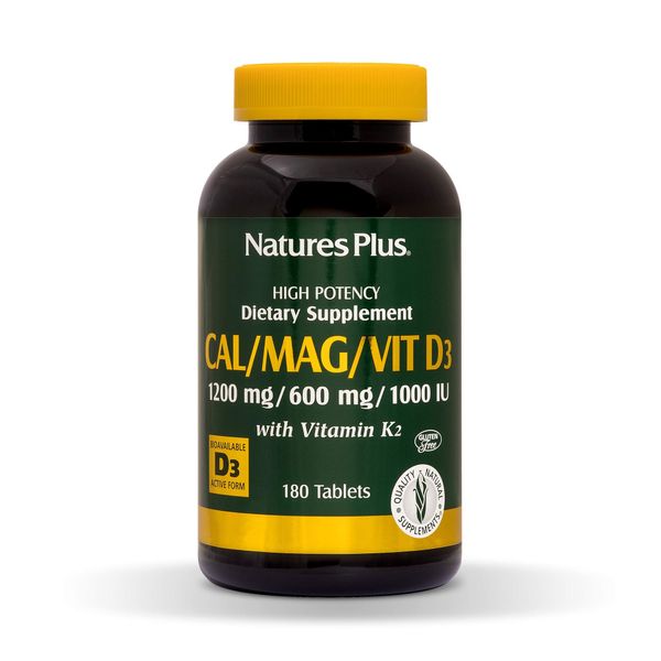 NaturesPlus Cal/Mag/VIT D3 with Vitamin K2- 180 Tablets - Bone Health Supplement with Calcium, Magnesium, Vitamin D3 and K2 - Gluten-Free - 45 Servings