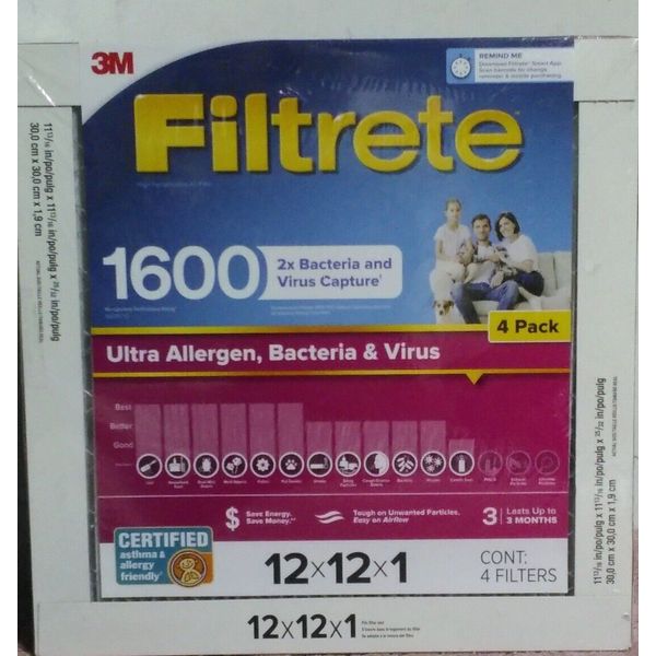 4pk Filtrete 1600 MPR Ultra Allergen Bacteria & Virus Furnace/AC Filter 12x12x1