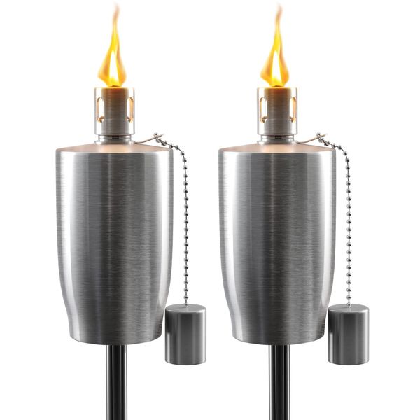 Matney Stainless Steel Outdoor Torches - 5 ft Tall - Decorative Garden & Yard Lights - Oil Lamp for Citronella - Fiberglass Wick & Snuffer Cap - Set of 2 (Cylinder)