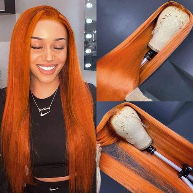 Fiimiu Ginger Orange Lace Front Human Hair Wigs 180 Density 13x4 HD Transparent Straight Lace Frontal Wig for Black Women Brazilian Human Hair Glueless Colored Bright Orange Ginger Wig 88J