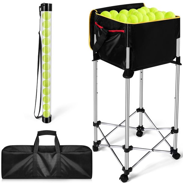 Deekin 2 Pcs Portable Ball Cart and Tennis Ball Pickup Collector Tennis Basket on Wheels with Storage Bag Tennis Ball Picker Upper Tennis Ball Tube Retriever for Baseball Storage (Medium Tube)