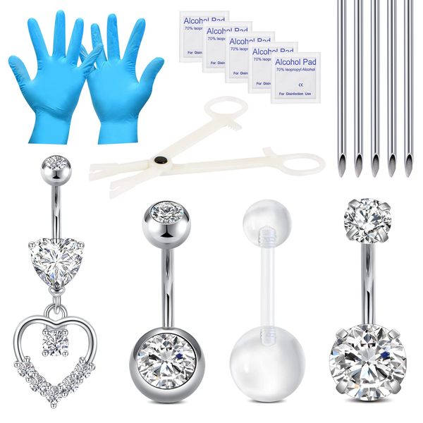 DJCIW Belly Button Ring Piercing Kit,Belly Button Piercing Kit Stainless Steel 14G Belly Button Rings Piercing Needles Disposable Piercing Clamps Set Navel Belly Silver