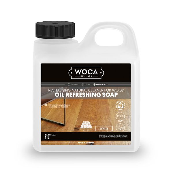 WOCA Denmark Oil Refreshing Soap White 1L, Concentrated Rejuvenator for Oiled or Waxed Wood. Food Contact Safe, Plant Based, made for floors and furniture.