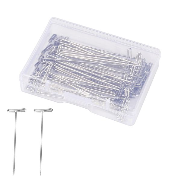 100 Pcs T-Pins, Stainless Steel T-Pins for Blocking Knitting, Modelling and Crafts,Wig Making, 2 inch Wig Straight Pins with a Plastic Box T Pins for Wig Heads