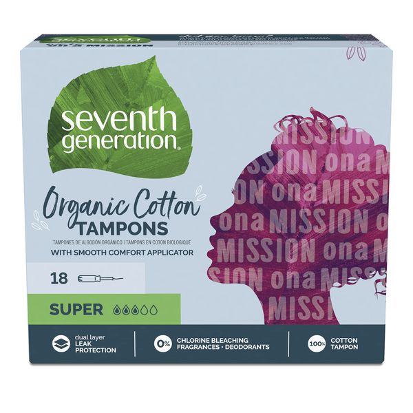 Seventh Generation Organic Cotton Tampons with Comfort Applicator Super Absorbency, White, 36 Count (Pack of 2)