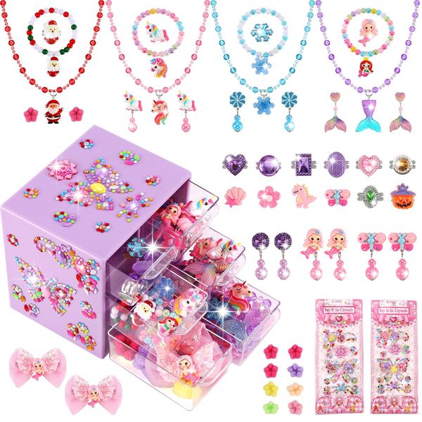 Toddler Toys for Ages 5-7 Girls Jewelry Set,51 Pcs Kids Toys for girls age 8-10 Clip on Earrings,Princess Toys Adjustable Ring,Girls Toys Age 3 4 5 6-8 Year Old Birthday Christmas Gifts Hair Clip