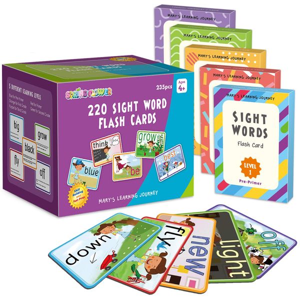 SpringFlower Sight Words Flash Cards with Pictures,Motions&Sentences, 220 Dolch Sight Words for Preschool, Kindergarten, 1st, 2nd & 3rd Grade.Homeschool, Learn to Read, Phonics Learning,235 Pieces