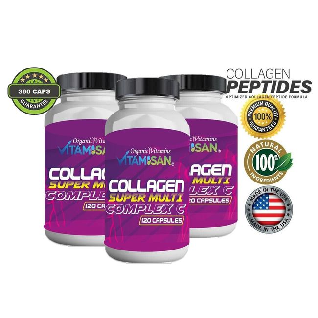 Collagen Multi Peptides Hydrolyzed Types I,II,III,V,X - 3 Bottles - Made In USA