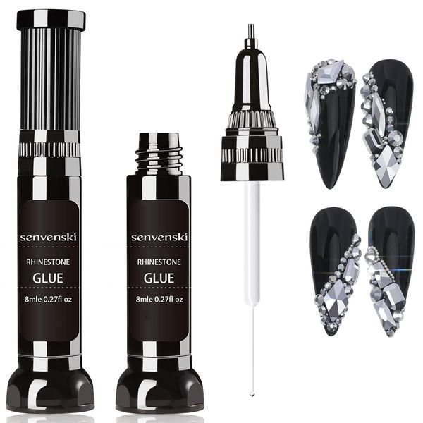 Senvenski Nail Rhinestone Glue Gel for Nail Art Decorations, 8ml x2 Gel Nail Glue with Brush & Pen Tip (Rhinestone Glue)