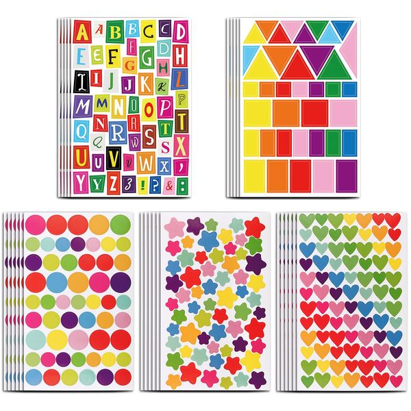 BETESSIN 28Blatt Kinder Aufkleber Buchstaben 1750+ Bunte Sticker Herzaufkleber Sternaufkleber Zahlen Sticker Alphabetaufkleber Belohnungssticker Stern für Kinder Lehrer Scrapbooking Geschenkverpackung