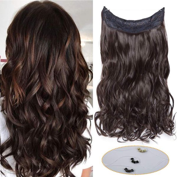 Silk-co Wire in Hair Extension One Piece Curly Hair Piece Extensions 24" Wire on Hairpiece Invisible Heat-Resistant Dark Brown