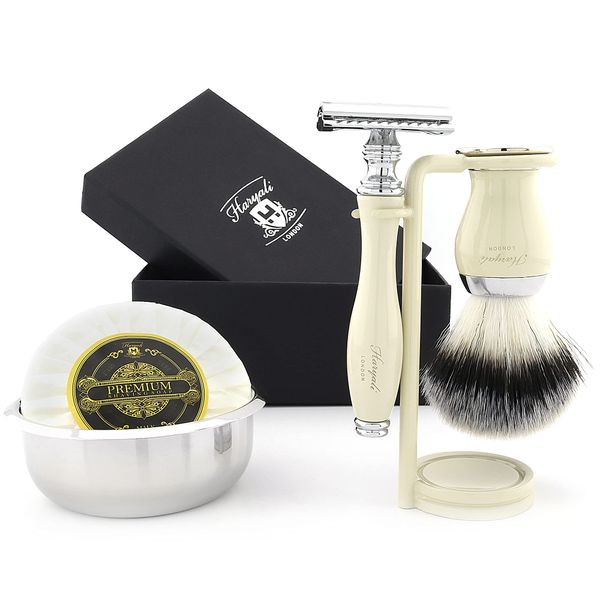 Haryali London Shaving Kit – 5 Pc Shaving Kit – Double Edge Safety Razor - Synthetic Hair Shaving Brush – Shaving Soap – Shaving Bowl – Shaving Stand – Ivory Color Shaving Set as Gift