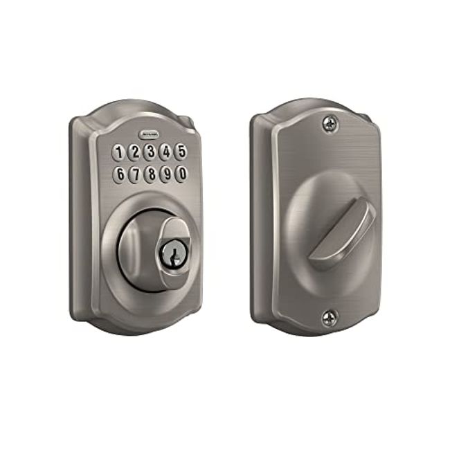 Schlage FE575 CAM 619 ACC Camelot Keypad Lock with Accent Lever, Auto-Lock,  Electronic Keyless Entry, Satin Nickel