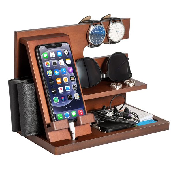 Birthday Gifts for Men who have everything Dad Gifts Wood Phone Docking Station for Men Bedside Table Organiser for Him Gifts for Dad Mens Gifts for Husband Presents for Men Bedside Gadget Organiser