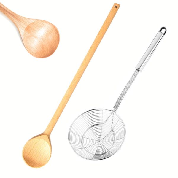 Extra Long 24 Inch Wooden Spoon + 16 Inch Stainless Steel Strainer Skimmer - Large Beechwood Stirring Spoon for Cooking, Mixing, Home Brewing Stock Pots – Big Kitchen Utensils - Cajun Crawfish Boil