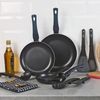 3 Pc Frying Pan Set with Soft Touch Handles and 6 Pc Kitchen Tool Set (Aquamarine)