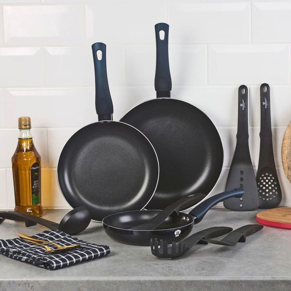 3 Pc Frying Pan Set with Soft Touch Handles and 6 Pc Kitchen Tool Set (Aquamarine)