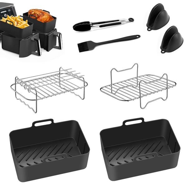 Immver Air Fryers Accessories for Ninja Dual Air Fryers AF300UK AF400UK AF451UK, Set of 8, 2 Reusable Silicone Air Fryer Liners, 2 Air Fryer Rack, 4 Skewer, 2 Silicone Gloves, Kitchen Tongs, Oil Brush