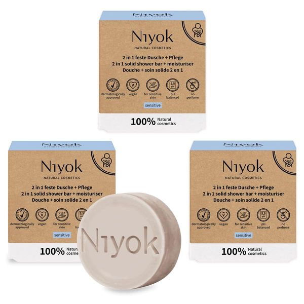 Niyok Natural Cosmetics 2-in-1 Solid Shower Bar + Moisturizer, Sensitive Formula, 80g, 3-Pack