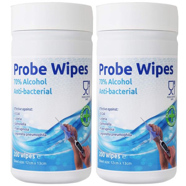 Antibacterial Wipes - 2 x Tubs of 200 Alcohol Wipes for Cleaning Surfaces and Kitchen Food Probes – Disinfectant Sterile Probe Wipes Food Safe