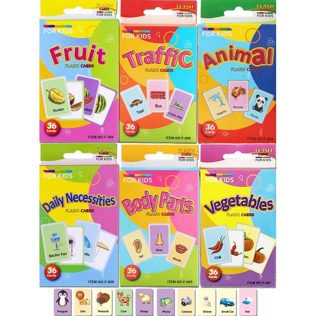 Femtos Flash Cards English Words Set of 6 (216 Pieces) Basic English Words English Flash Cards (Animals, Fruits, Vegetables, Daily Items, Vehicles, Body Parts) Toddler Preschool Elementary School