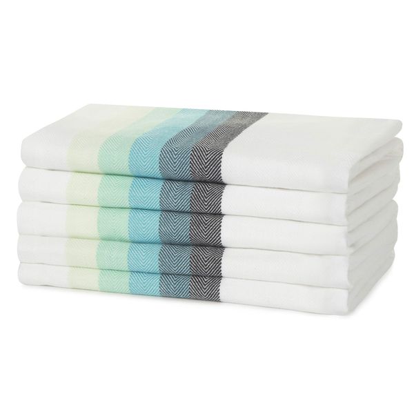 100% Cotton Tea Towel - Multicoloured Turquoise Herringbone Pattern, Pack of 5 | Kitchen Towel Set | Absorbent, Strong, Quick Dry & Machine Washable | Home & Bathroom Accessories