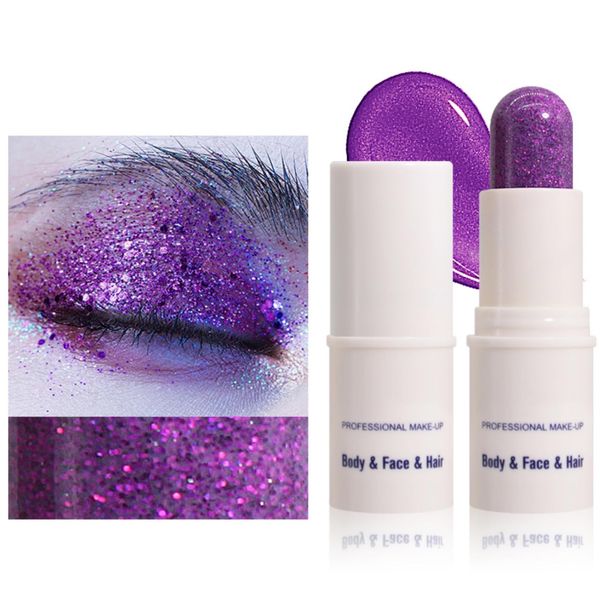 PRETTYUI Body Glitter Stick, Chunky Glitter Gel for Face Body Eyes Hair, Waterproof Mermaid Glitter Makeup Stick for Festival Party Concert(08# Purple)