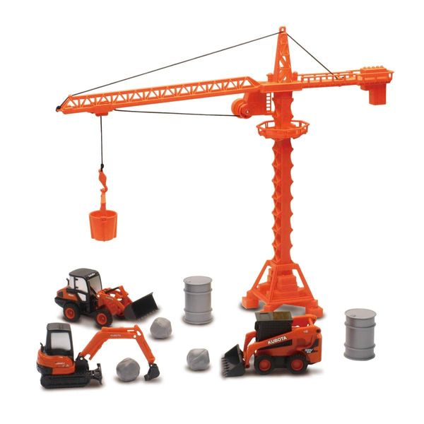 New-Ray Kubota Die-Cast Construction Vehicles Set, Plastic Engineering Toys Playset Includes Steer Loader, Mini Excavator, Wheel Loader, Oil Drums, Tower Crane & Boulders, for Kids