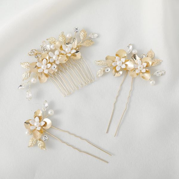 Haodeliy Hair Ornament, Headdress, Comb, U-Pin, 3-Piece Set, Bride, Hair Accessory, Handmade, Wedding Headdress, Hair Ornament, Flowers, Wedding, Reception, After-Party, Recital, Graduation, School Entrance Ceremony, Party, Japanese Clothing, Hair Accesso