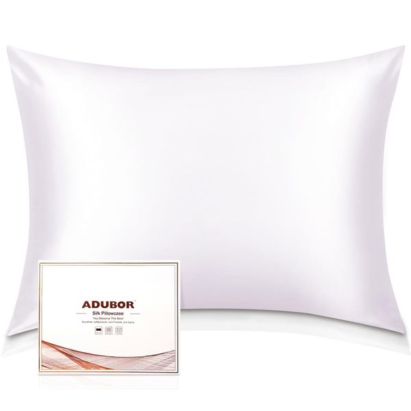 Adubor Silk Pillowcase for Hair and Skin with Hidden Zipper, Both Side 23 Momme Silk,900 Thread Count (50x75CM, White, 1pc)