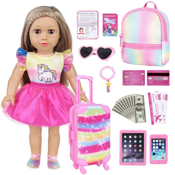 DONTNO American 18 Inch Doll Travel Suitcase Play Set with 18 Inch Doll Clothes and Accessories Including Backpack Phone Passport Sunglasses etc