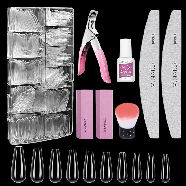 Venares Unghie Finte con Colla, 500 Pezzi Acrilico, Naturale, Tips Set in 10 taglie con Colla, Lime , Buffer, Nail Remover Brush, Tagliagunhie