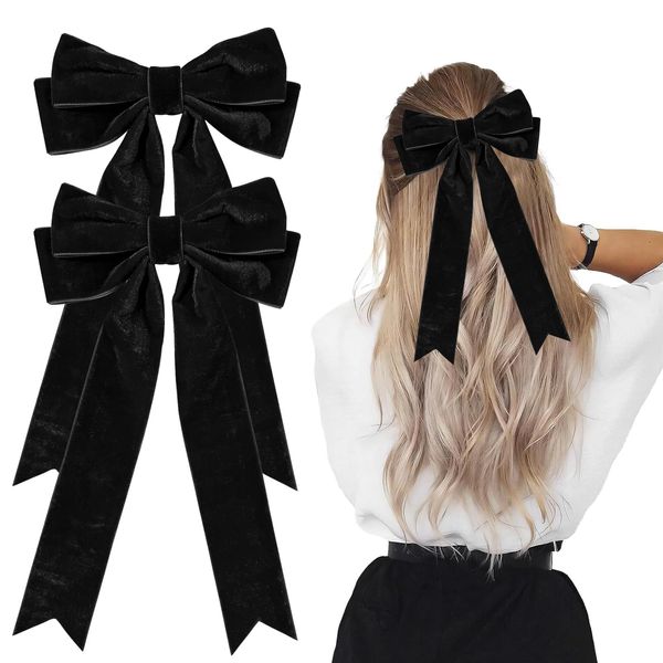 DMQ Black Hair Bows, 2Pcs Velvet Big Bows Hair Clip, Black Hair Ribbon Ponytail Holder Accessories Slides Metal Clips French Hair Bow for Women Girls Toddlers Teens Kids Xmas Gifts