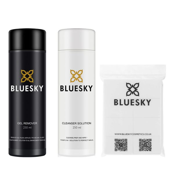 Bluesky Gel Polish Prep, Wipe and Remove Kit. Acetone Gel Polish Remover 250ml, Cleanser 250ml + Lint Free Wipes x 100. Gel Nail Polish Removal, Prep and After care