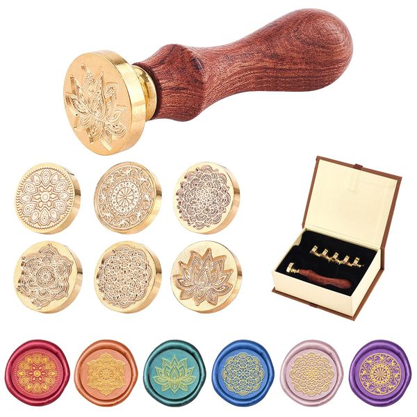 PH PandaHall Sealing Stamp Set, 7 Pieces, Sealing Wax, 6 Styles in 1 Handle, Flower Motif, Seal, Wax Seal, Removable, Brass Stamp, Wooden Handle, Stamp Head, Envelopes, Letters, Invitations, Message Cards, Wedding, Birthday, Anniversary, Celebration