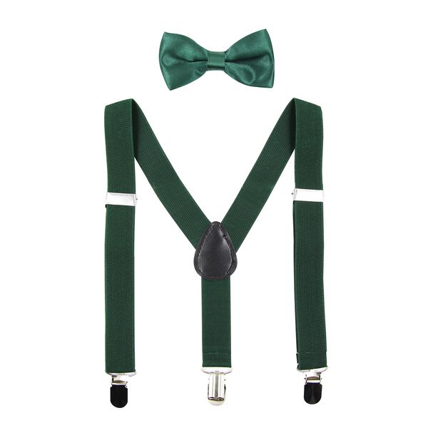 Hanerdun Kids Suspender Bowtie Sets Adjustable Suspender With Bow Ties Gift Idea For Boys And Girls, Dark Green, One Size