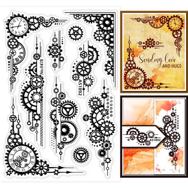 GLOBLELAND Transparente Stempel Mit Zahnradhintergrund, Dekorative Transparente Stempel Aus Silikon Für Die Kartenherstellung, Transparente Silikon Siegelstempel Für Scrapbooking, Basteln