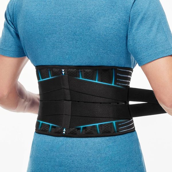 Glofit Back Braces for Lower Back Pain Relief with 6 Stays, Breathable Back Support Belt for Men/Women for work, Anti-skid lumbar support belt with 16-hole Mesh for sciatica