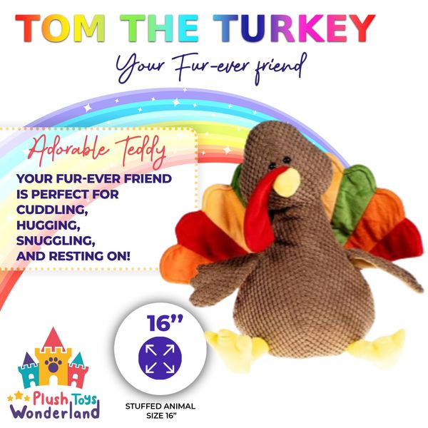 PLUSH TOYS WONDERLAND Tom The Turkey Plush Toy, 16-Inch Cute Soft Plush Turkey, Perfect Plushie for Easter, Thanksgiving, Baby Showers, Kids & Birthdays